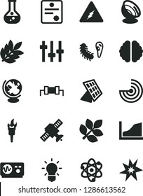 Solid Black Vector Icon Set - flask vector, electricity, atom, bulb, brain, settings, satellite, bactery, globe, oscilloscope, growth graph, radar, sun panel, antenna, biology, patente, resistor