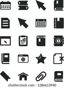 Solid Black Vector Icon Set - clip vector, bookmark, book, e, books, home, star, notebook, address, delete page, statistical report, calendar, wall, browser, cursor, file