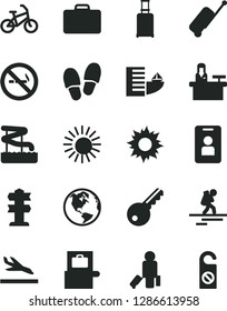 Solid Black Vector Icon Set - earth vector, bike, backpacker, passenger, suitcase, rolling, baggage scanner, case, arrival, hotel, sun, aquapark, key, access card, receptionist, no smoking sign