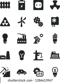 Solid Black Vector Icon Set - power socket type f vector, new radiator, bulb, charging battery, big solar panel, coal mining, wind energy, light, hydroelectric station, industrial building, gears