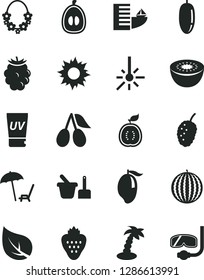 Solid Black Vector Icon Set - toy sand set vector, strawberry, cornels, blackberry, tasty mulberry, water melon, mango, date fruit, half loquat, kiwi, of guawa, leaf, outdoor thermometer, hotel, sun