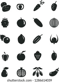 Solid Black Vector Icon Set - cucumber vector, blueberries, strawberry, ripe peach, half pomegranate, pear, blackberry, mulberry, tasty, water melon, goji berry, tangerine, lime, physalis, tomato