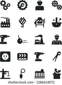 Solid Black Vector Icon Set - builder vector, hook, gears, concrete mixer, adjustable wrench, cordless drill, power socket type b, plummet, star gear, core, factory, hydroelectricity, conveyor