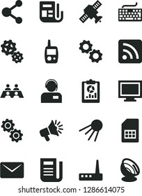 Solid Black Vector Icon Set - monitor window vector, keyboard, rss feed, toy mobile phone, operator, artificial satellite, gears, SIM card, connection, statistical overview, loudspeaker, newspaper