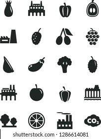 Solid Black Vector Icon Set - garlic vector, large grape, rose hip, cornels, mulberry, tasty, half loquat, plum, juicy lemon, Bell pepper, ripe, broccoli, eggplant, hydroelectricity, trees, factory