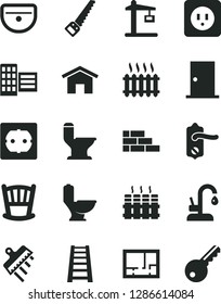 Solid Black Vector Icon Set - cradle vector, brick wall, arm saw, stepladder, sink, toilet, comfortable, lay out of flat, power socket type b, f, door knob, ntrance, city block, spatula, radiator