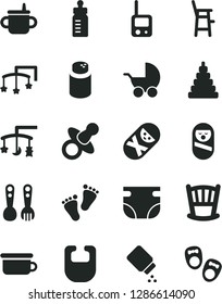Solid Black Vector Icon Set - cradle vector, toys over the, cot, dummy, mug for feeding, bottle, nappy, powder, baby, bib, stroller, stacking toy, roly poly doll, tumbler, phone, children's potty