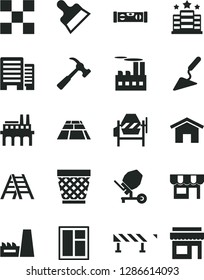 Solid Black Vector Icon Set - wicker pot vector, building trowel, concrete mixer, window, ladder, level, buildings, tile, putty knife, paving slab, road fence, hammer with claw, home, kiosk, hotel