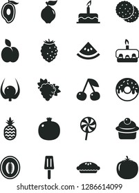 Solid Black Vector Icon Set - cake vector, muffin, torte, glazed with a hole, pie, lollipop, popsicle, pineapple, apple, biscuit, cherry, pomegranate, branch of grape, quince, tasty raspberry, melon