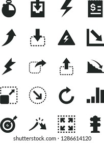 Solid Black Vector Icon Set - lightning vector, danger of electricity, clockwise, negative chart, download archive data, timer, expand picture, size, move up, down, right, bottom arrow, bar, target