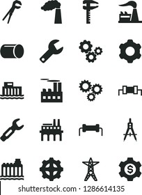 Solid Black Vector Icon Set - repair key vector, cogwheel, adjustable wrench, manufacture, factory, hydroelectric station, hydroelectricity, power line, industrial building, enterprise, gear, pipe