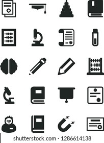 Solid Black Vector Icon Set - graphite pencil vector, new abacus, stacking toy, e, magnet, research article, scientific publication, test tube, microscope, brain, book, scientist, graduate hat