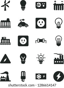 Solid Black Vector Icon Set - incandescent lamp vector, bulb, power socket type b, wind energy, factory, battery, hydroelectric station, hydroelectricity, industrial building, mercury light