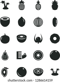 Solid Black Vector Icon Set - a pineapple vector, orange, water melon, half of mango, date fruit, lime, kiwi, coconut, ripe, slice, grapefruit, part guava, physalis, persimmon, hotel, palm tree