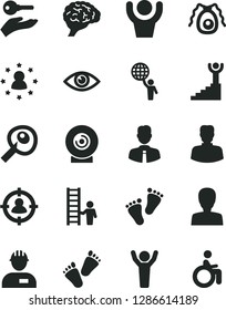 Solid Black Vector Icon Set - woman vector, footprints, children's tracks, workman, employee, eye, lens, man in sight, brain, bactery, artifical insimination, winner stairway, hold world, hands up