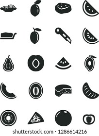 Solid Black Vector Icon Set - stationery knife vector, cheese, piece of pizza, slices onion, cake slice, meat, orange, plum, melon, water, half mango, tangerine, lemon, kiwi, sour lime, grapefruit