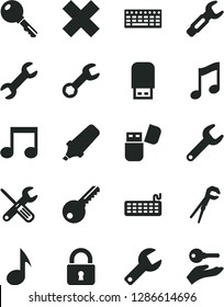 Solid Black Vector Icon Set - repair key vector, cross, small tools, adjustable wrench, lock, music, steel, text highlighter, keyboard, usb flash, note, arm with
