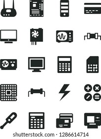 Solid Black Vector Icon Set - lightning vector, monitor window, bank card, calculator, electronic thermometer e, screen, cards, math actions, processor, SIM, engineer, pc power supply, tower, router