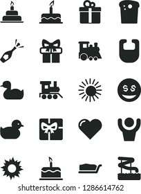 Solid Black Vector Icon Set - bib vector, rubber duck, baby duckling, toy train, children's, cake, birthday, heart, gift, Easter, slice, giftbox, hands up man, dollar eyes, champagne, sun, aquapark