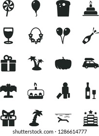 Solid Black Vector Icon Set - colored air balloons vector, balloon, birthday cake, gift, Easter, torte, lollipop, glass, pumpkin, wine, champagne, car baggage, passenger, beach, palm tree, hotel