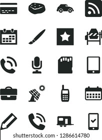 Solid Black Vector Icon Set - tassel vector, desktop microphone, calendar, bank card, rss feed, concrete mixer, phone call, piece of meat, big solar panel, retro car, portfolio, pencil, mobile, sd