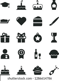 Solid Black Vector Icon Set - tassel vector, cake, birthday, heart, gift, muffin, piece of, slice, torte, bottle, gold cup, man with medal, graduate, star, pennant, wine, champagne