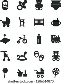 Solid Black Vector Icon Set - baby cot vector, dummy, mug for feeding, bottle, diaper, stroller, carriage, sitting, roly poly doll, toy sand set, a chair child, teddy bear, small, children's train