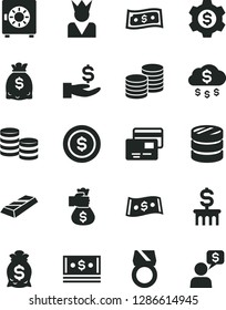 Solid Black Vector Icon Set - strongbox vector, cards, coins, column of, get a wage, dollars, cash, dollar, gold ring, bar, money bag hand, rain, coin, gear, king, dialog
