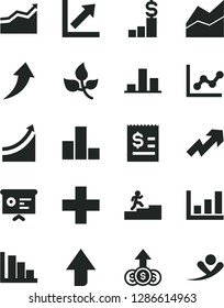 Solid Black Vector Icon Set - upward direction vector, growth up, plus, bar chart, line, graph, positive histogram, leaves, article on the dollar, financial report, carrer stairway, arrow, pedestal