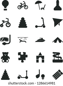 Solid Black Vector Icon Set - stacking rings vector, toy, small teddy bear, box of bricks, child bicycle, Kick scooter, Puzzle, pawn, air balloon, hang glider, bike, tent, beach, aquapark, golf