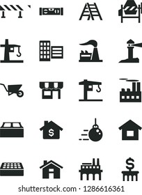 Solid Black Vector Icon Set - house vector, crane, dwelling, big core, building trolley, concrete mixer, ladder, level, city block, brick, road fence, kiosk, factory, industrial, enterprise, tower
