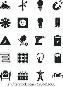 Solid Black Vector Icon Set - incandescent lamp vector, concrete mixer, cordless drill, bulb, power socket type b, heating coil, radiator, electronic boiler, charge level, charging battery, light