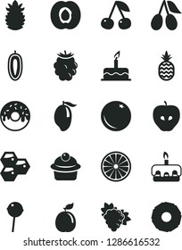 Solid Black Vector Icon Set - cake vector, muffin, torte, glazed with a hole, Chupa Chups, pineapple, orange, honeycombs, cherry, half apricot, branch of grape, tasty apple, cornels, blackberry