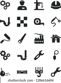 Solid Black Vector Icon Set - house vector, workman, winch hook, arm saw, measuring tape, new roller, siphon, sewerage, building level, tile, construction helmet, plummet, core, industrial, gears