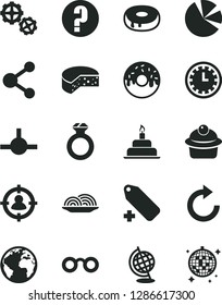 Solid Black Vector Icon Set - sign of the planet vector, clock face, clockwise, add label, question, birthday cake, gears, cheese, onion, muffin, with a hole, glazed, connection, man in sight, globe