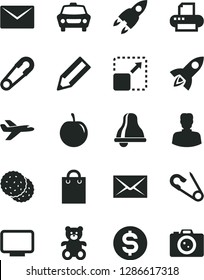 Solid Black Vector Icon Set - bell vector, envelope, safety pin, open, teddy bear, car, expand picture, biscuit, tasty plum, woman, pencil, dollar, bag, monitor, printer, rocket, private plane