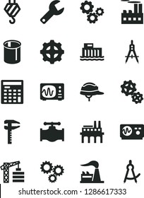 Solid Black Vector Icon Set - repair key vector, tower crane, hook, helmet, valve, factory, hydroelectric station, industrial building, enterprise, gear, gears, pipes, Measuring compasses, calipers