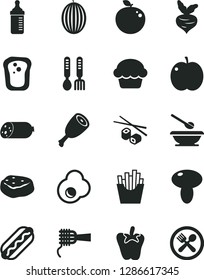 Solid Black Vector Icon Set - measuring bottle for feeding vector, plates and spoons, iron fork, sausage, Hot Dog, noodles, mushroom, cake, chicken thigh, piece of meat, peper, French fries, apple