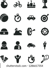 Solid Black Vector Icon Set - bath ball vector, motor vehicle, warm hat, timer, pedestal, racer, retro car, stopwatch, flame torch, winner, gold cup, man with medal, target, purpose, aim, bike