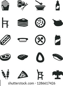 Solid Black Vector Icon Set - plates and spoons vector, a chair for feeding, child, stick of sausage, fried vegetables on sticks, pizza, piece, Hot Dog, mini, chicken, bacon, chop, potato slices