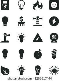Solid Black Vector Icon Set - matte light bulb vector, incandescent lamp, saving, power socket type b, dangers, lens, leaf, lighthouse, coastal, electricity, flame, flag on moon, dollar column, sun