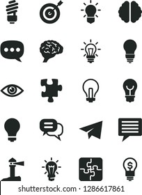 Solid Black Vector Icon Set - image of thought vector, matte light bulb, incandescent lamp, paper airplane, Puzzle, Puzzles, saving, eye, coastal lighthouse, speech, brain, target, dialog, idea