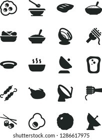 Solid Black Vector Icon Set - plates and spoons vector, spaghetti, noodles, a bowl of buckwheat porridge, rice, hot, lettuce in plate, chicken, chop, meat on skewers, cabbage, Chinese chopsticks