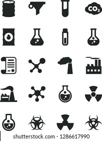 Solid Black Vector Icon Set - round flask vector, manufacture, factory, oil, barrel, industrial building, radiation, carbon dyoxide, water filter, research article, test tube, molecule, nuclear