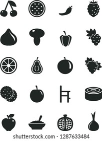 Solid Black Vector Icon Set - a chair for feeding vector, canned goods, mushroom, bowl of buckwheat porridge, biscuit, cherry, half pomegranate, grape, branch, red apple, fig, tasty raspberry, plum