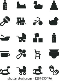 Solid Black Vector Icon Set - feeding bottle vector, measuring for, diaper, beanbag, baby rattle, stroller, carriage, rubber duck, duckling, children's bathroom, stacking toy, potty, chair, a child