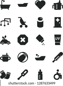 Solid Black Vector Icon Set - mark of injury vector, toys over the cot, mug for feeding, measuring cup, bottle, powder, baby, summer stroller, electronic thermometer e, mercury, bath ball, heart