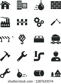 Solid Black Vector Icon Set - house vector, workman, brickwork, hook, big core, city block, ceramic tiles, building, road fence, hammer with claw, water pipes, industrial, pipe, welding, repair key