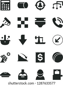 Solid Black Vector Icon Set - downward direction vector, toys over the cot, diaper, bath ball, paint roller, tile, left bottom arrow, put in a box, pie, big solar panel, oil derrick, racer, pipe