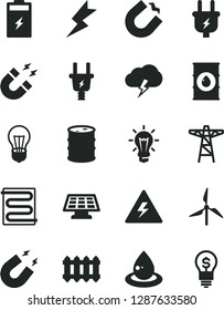 Solid Black Vector Icon Set - danger of electricity vector, lightning, heating coil, new radiator, storm cloud, charging battery, windmill, oil, barrel, bulb, power pole, plug, electric, drop, idea